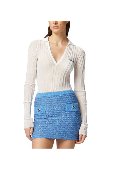 Maglia Pinko donna Rex Ford 105151 A2LS Bianca polo cotone costine aderente scollo a v colletto a punta asimmetrico PINKO | Polo | 105151 A2LSZ05